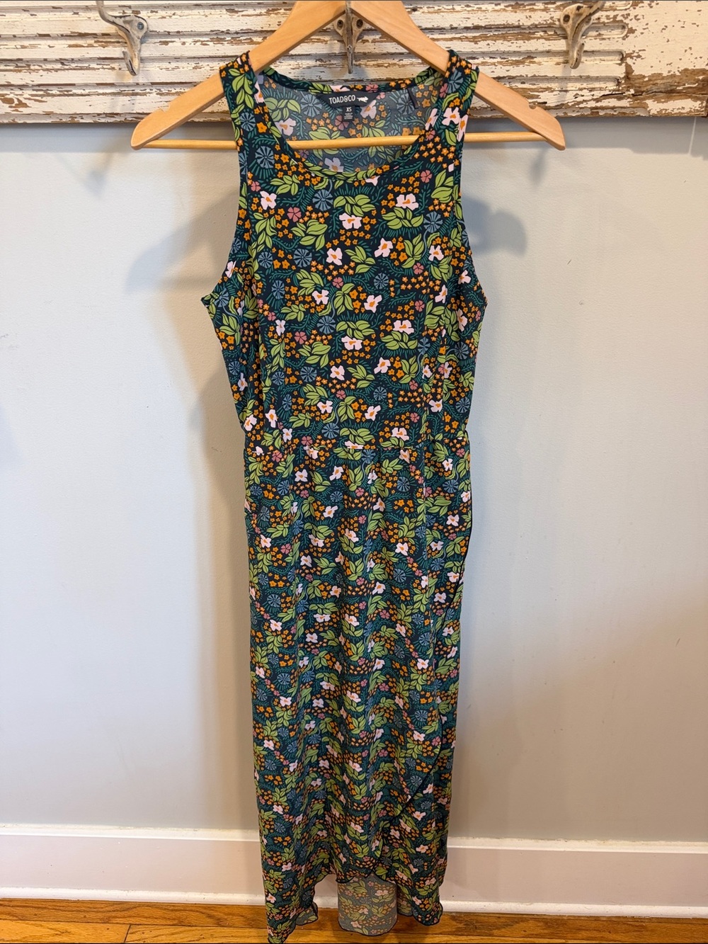 Toad&Co Floral Green Tank Maxi Dress with Pink and Yellow Accents